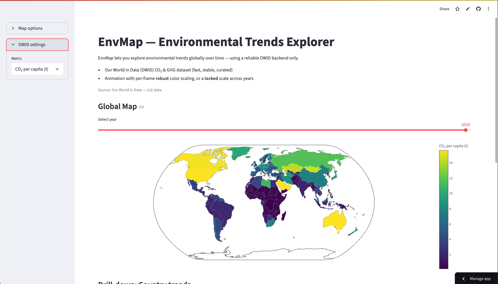 EnvMap global map screenshot with legend and year slider
