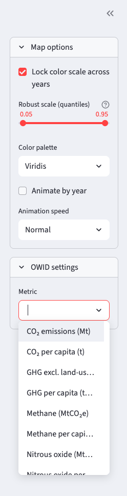 Animation controls and color palette examples on the map
