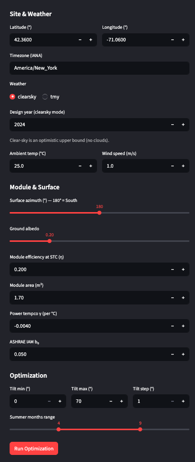 Sidebar with site and weather inputs